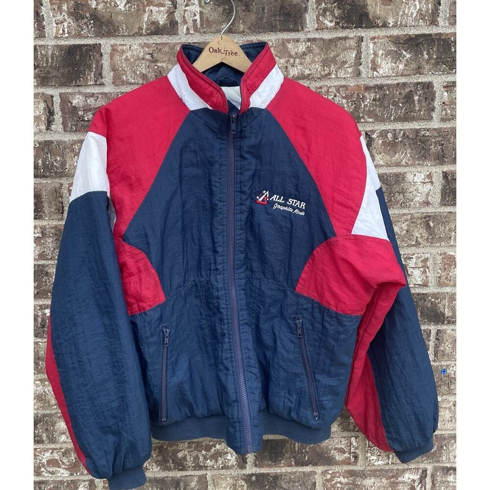 Vintage 90s‎ fishing Jacket SM jacket Swingster Reels rods USA print puffy ski